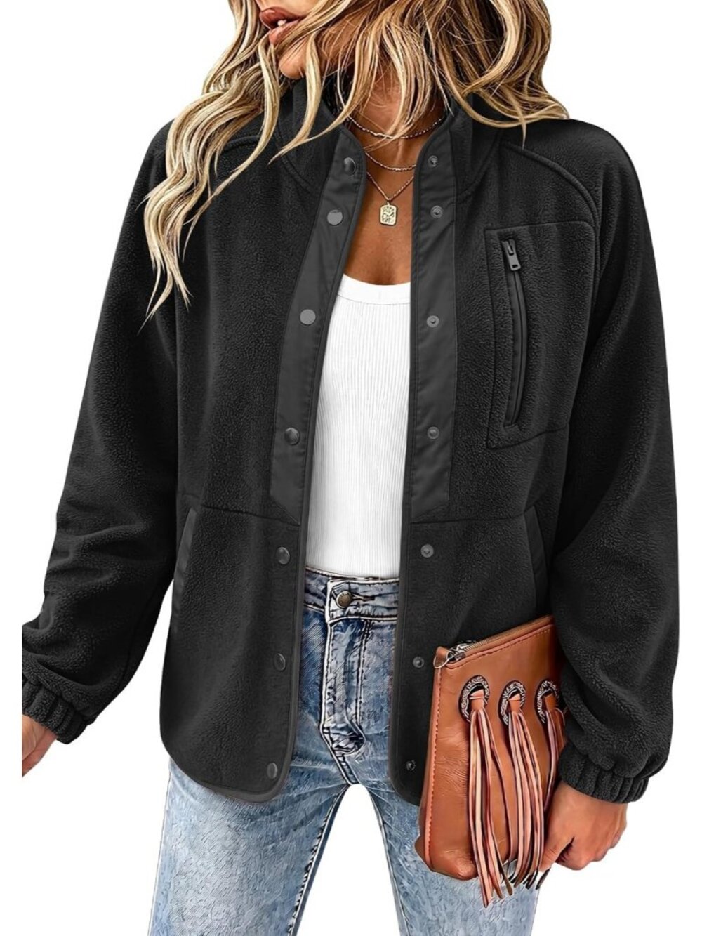 Women's All Black Fleece Jacket Western Aztec Print Snap Button Down Outerwear